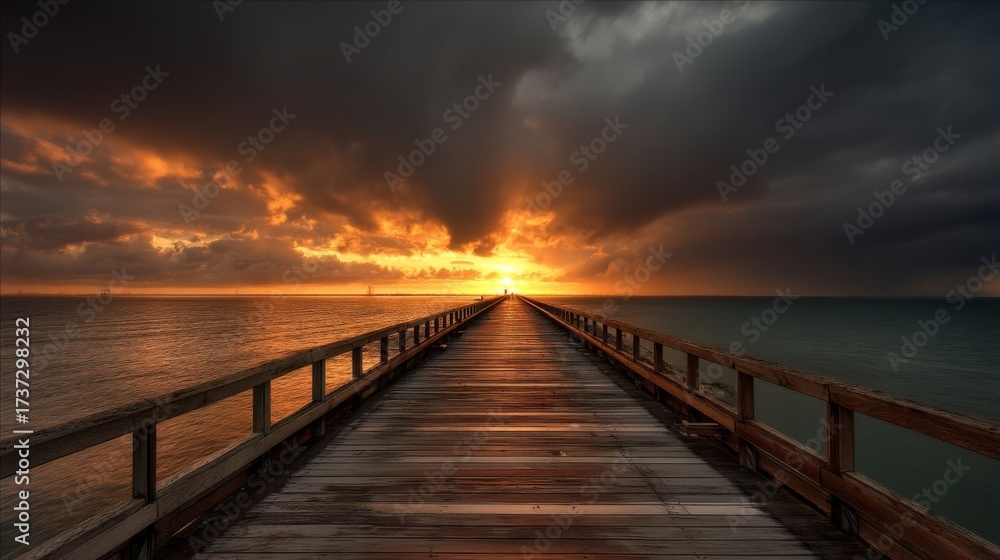 Fototapeta premium A wooden pier stretches into vast waters with silhouetted figures against a vibrant sunset,