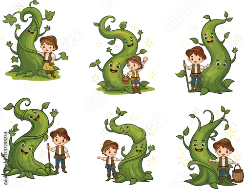 Jack and the Beanstalk cartoon illustration, magical fairytale character, boy with giant beanstalk, children fantasy story, vector art, fairy tale