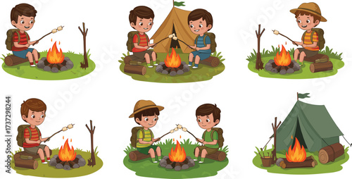 Kids camping outdoor illustration with tent, campfire, roasting marshmallows, adventure activity, forest trip, summer vacation, cartoon happy children art