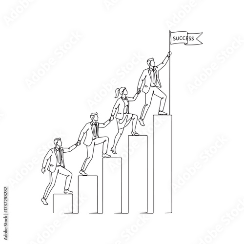 Continuous one line drawing of a business team helping each other climb a bar chart. Leadership and teamwork concept for success and growth.