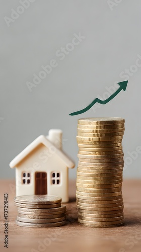 Growth of real estate investment, stacks of coins, miniature house, mortgage, financial success