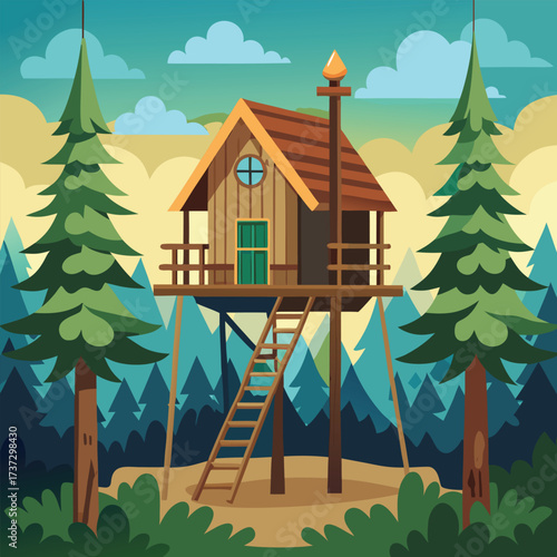 A cozy cartoon cottage or vector building in a summer or winter forest landscape with trees, grass, and sky