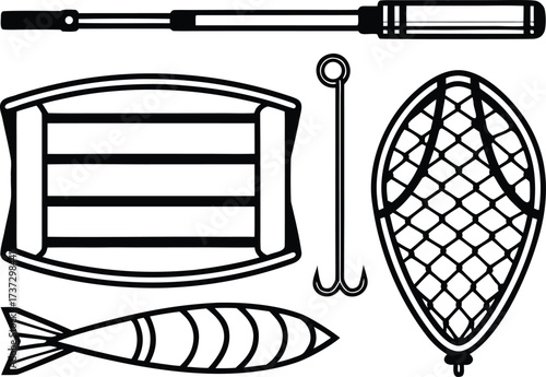 Collection of fishing equipment including a rod net hook and fish
