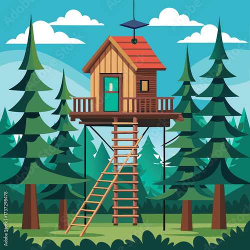Rustic Treehouse in a Pine Forest
