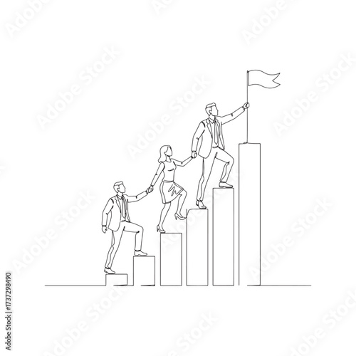 Continuous one line drawing of a business team helping each other climb a bar chart. Leadership and teamwork concept for success and growth.