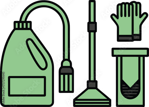 Cleaning supplies including a bottle of liquid a plunger gloves and a toilet brush