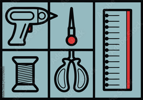 Collection of crafting tools including a glue gun needle scissors thread spool and ruler