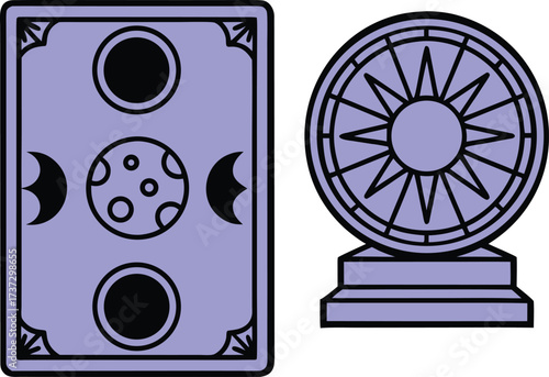 Tarot card with moon phases and sun symbol on pedestal