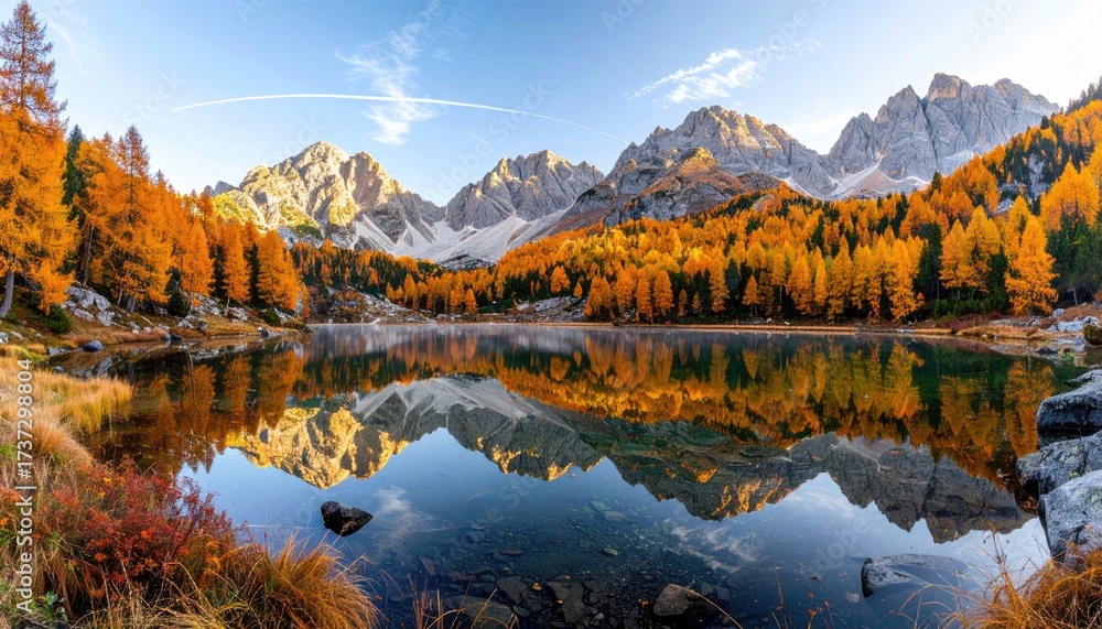 Obraz premium Autumn Landscape with Golden Trees and Mountain Reflection in Tranquil Lake