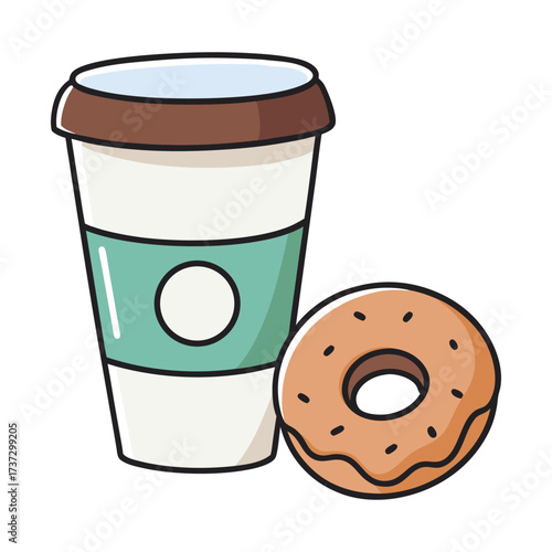 Brown disposable paper cup of hot coffee with donuts and cookies on white background