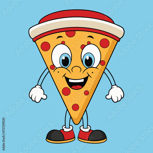 a cartoon slice of pizza character with a smile