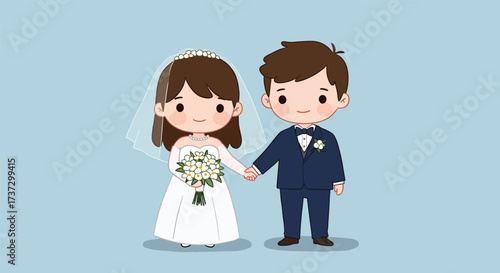 Adorable cartoon bride and groom holding hands