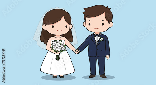 Adorable cartoon bride and groom holding hands on their wedding day.