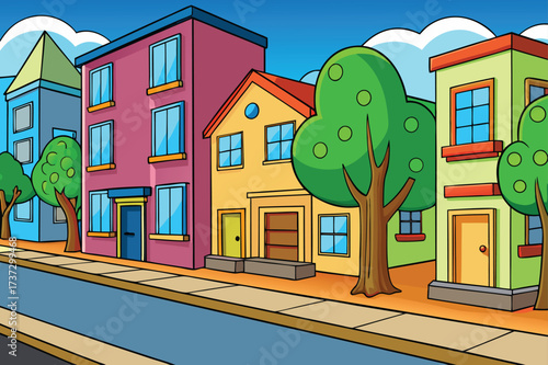 Colorful Cartoon Street with Houses and Trees