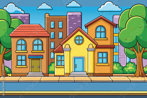 Vector cartoon illustration of urban house and city architecture with buildings and street design