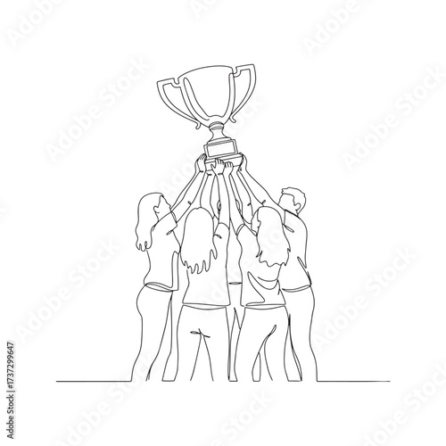Continuous one line drawing of a team lifting a trophy together. Vector illustration of success, victory, and teamwork celebration.