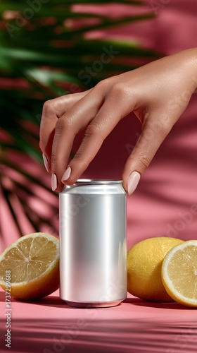 Marketing shot: hand holding blank can, lemon, pink background, beverage advertisement, summer, freshness