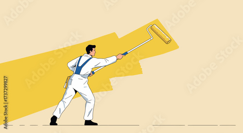Professional male painter in white overalls with blue straps actively using a long yellow paint roller, flat vector illustration style.