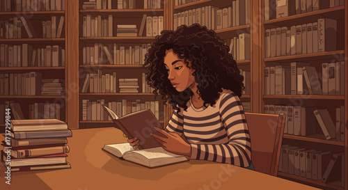 Young woman with curly hair engrossed in reading a book