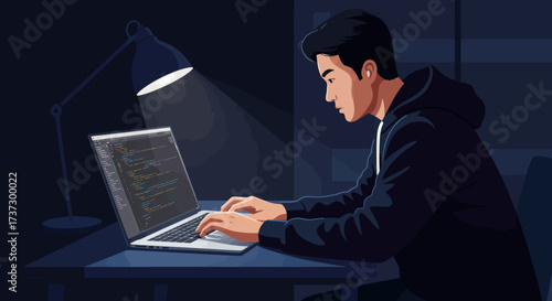 Focused young programmer in a dark hoodie with earbuds coding on a laptop at night.
