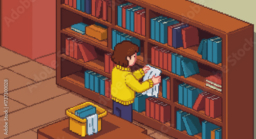 Pixel Art Person Organizing Books on a Wooden Bookshelf