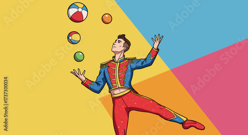 Vibrant cartoon male juggler in ornate blue and red uniform with gold trim performing with four colorful balls