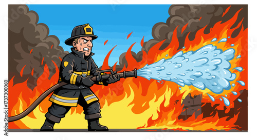 Determined cartoon firefighter in black and yellow protective gear aiming hose nozzle, sweating intensely