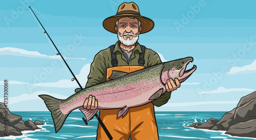 Smiling bearded fisherman in hat and waders proudly holding a large rainbow trout