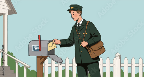 Friendly Mail Carrier Delivering Letter into Suburban Mailbox