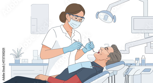 Line art illustration of a female dentist in protective gear examining a male patient's teeth with dental tools in a modern clinic.