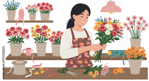 Smiling Florist Arranging Colorful Bouquet in Flower Shop Illustration