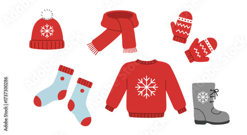 Collection of Red and Blue Winter Clothing Items with Snowflake Designs.