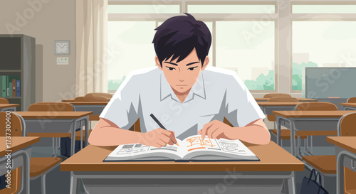 Anime-style illustration of a focused young male student with dark hair drawing in a book.