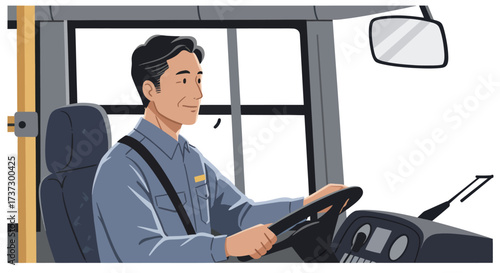 Smiling professional male bus driver in uniform, wearing seatbelt, hands on steering wheel