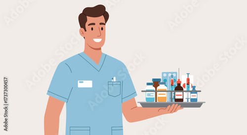 Smiling male nurse in blue scrubs holding a tray with vials, syringes, and blister packs, cartoon illustration.