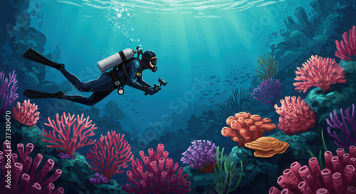 Scuba diver in dark wetsuit, mask, fins, and tank, swimming horizontally, holding underwater camera.