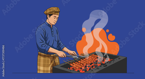 Man Grilling Skewered Meat Over Hot Coals with Tongs, Cartoon Style