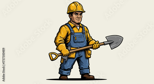 Cartoon Construction Worker Holding Shovel, Wearing Protective Gear, Ready to Work.