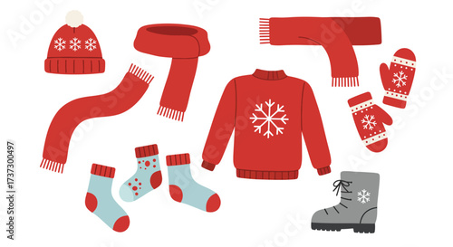 Cozy Red Winter Clothing Set with Snowflake Designs.