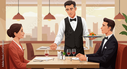 Waiter Serving Food to Couple in Upscale Restaurant Setting