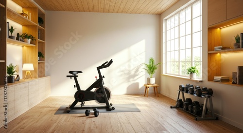 Home gym interior with exercise bike and dumbbells indoor cycling weight training fitness workout health wellness room wooden floor