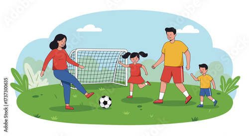Family playing soccer in a grassy field