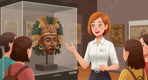 Friendly Female Museum Guide Explaining an Ancient Artifact to a Group of Visitors