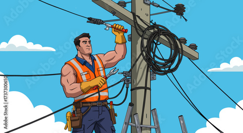 Strong muscular lineman in an orange safety vest and tool belt repairing a power line.