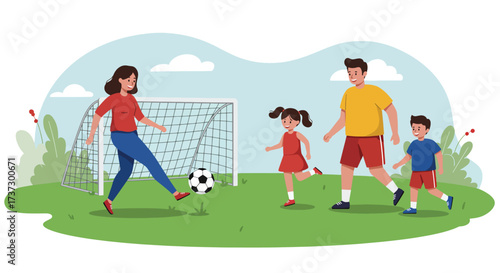 Family playing soccer on a grassy field with a goal