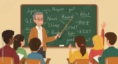 Smiling elderly professor with glasses teaching a diverse linguistics class, pointing at a blackboard with a wooden pointer.