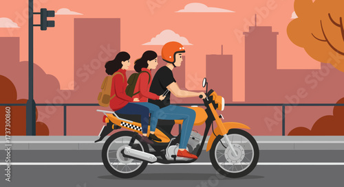 Three people riding an orange motorcycle in a city