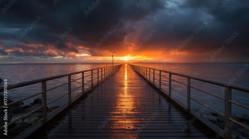 Fototapeta premium A serene oceanfront scene at dusk with a wooden pier extending into calm waters,