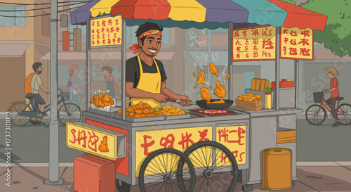 Smiling Street Food Vendor Cooking and Selling Fried Chicken