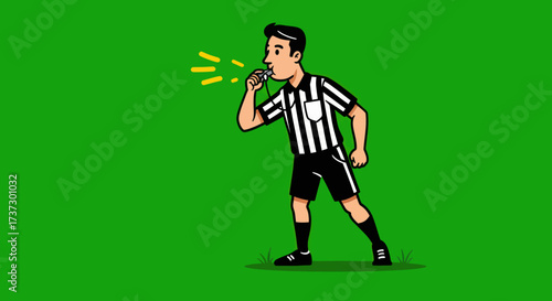 Dynamic cartoon male referee blowing whistle, wearing classic black and white striped uniform with bold outlines